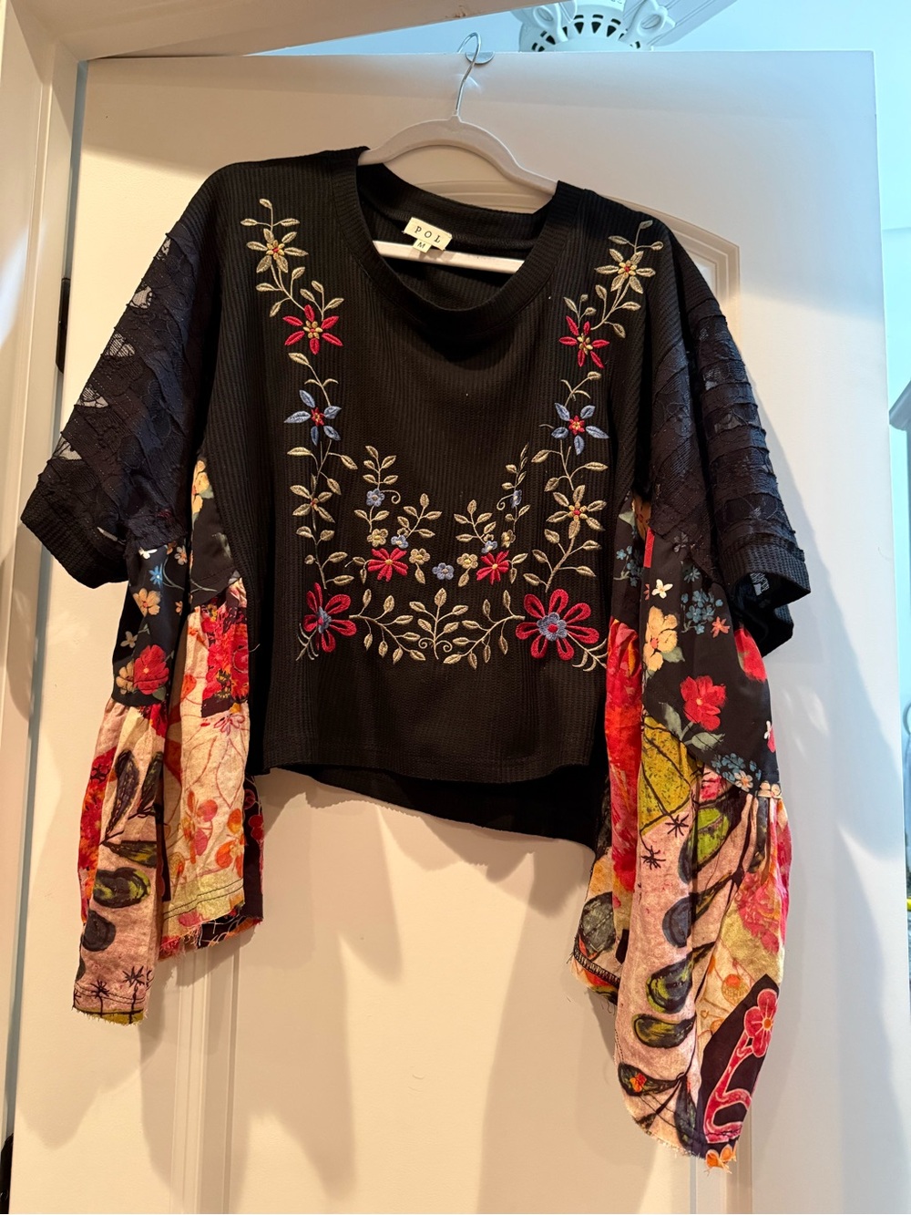 POL Black Floral Embroidered Crop Top with Multi-Color Printed Sleeves